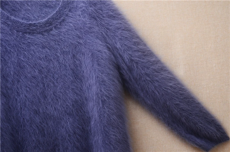 04 Female Women Fall Winter Clothing Hairy Plush Mink Cashmere Knitted O-Neck Long Sleeves Loose Pullover Angora Fur Sweater Top