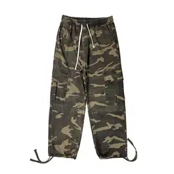 Men Baggy Pants Camouflage Multiple Pockets Elastic Waist Ankle Tied Streetwear Spring Autumn Hip Hop Loose Trouser for Sports