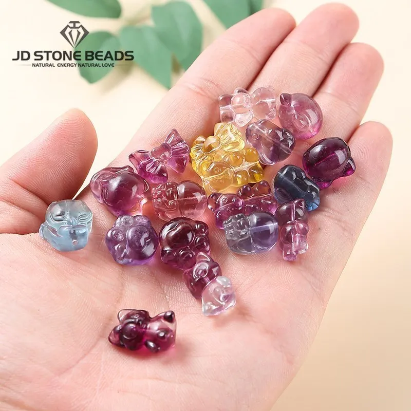 1 Pcs Natural Fluorite Crystal Stone Cute Animals Shape Beads Fox Pixiu Cartoon Kind With Holes For Jewlry Making Diy Accessory