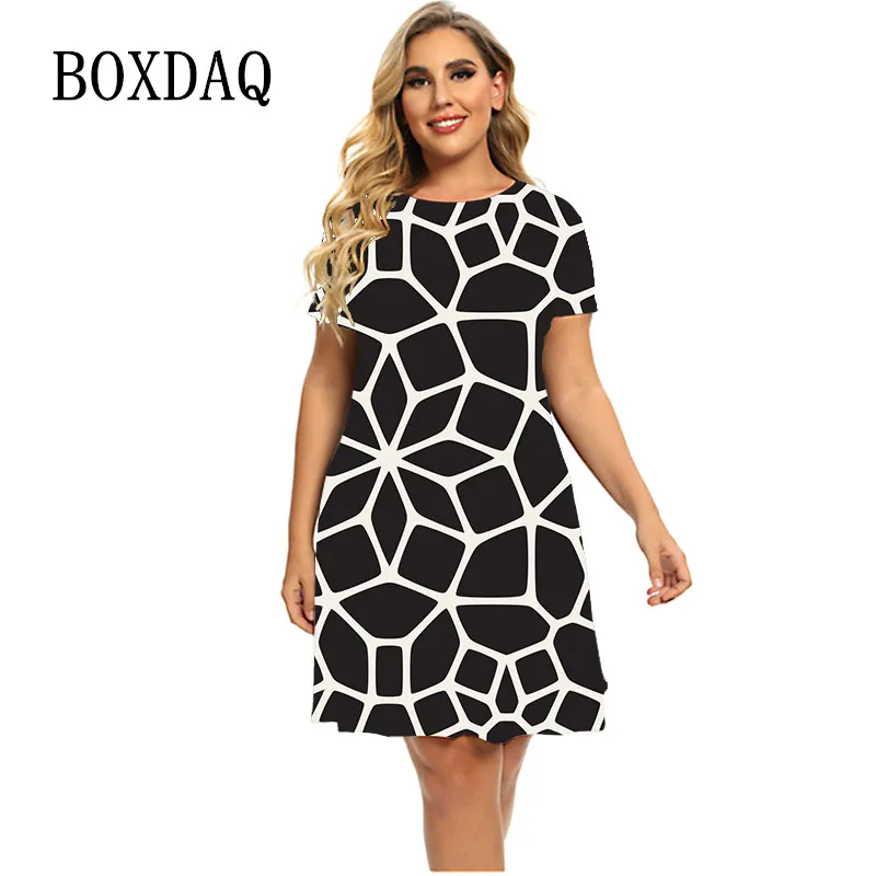 Geometry Pattern 3D Print Dresses For Summer 2023 Fashion Street Short Sleeve Loose Mini Dress Plus Size Women Clothing 5XL 6XL