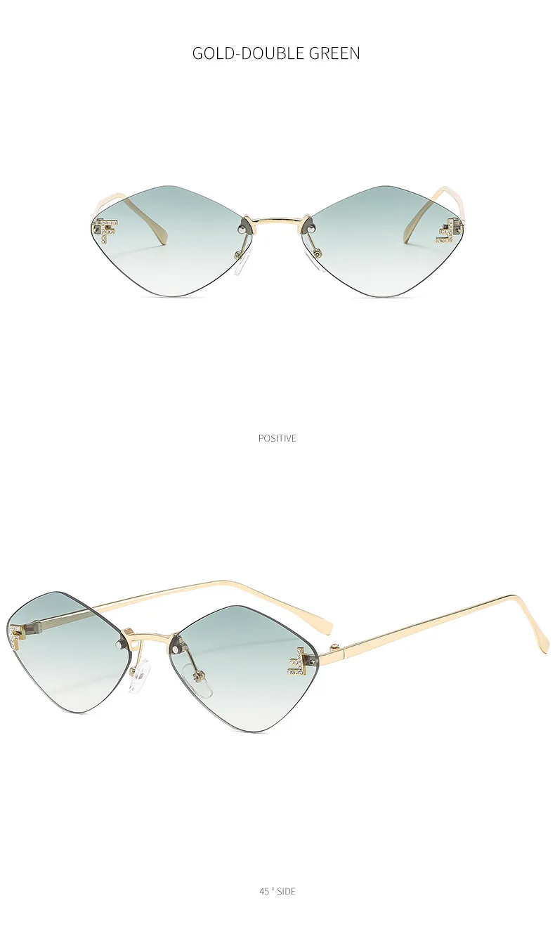 Trendige randlose rautenförmige Sonnenbrille F Damen-Sonnenbrille der Luxusmarke Damen klassische elegante Brillenschirme – Detail 9