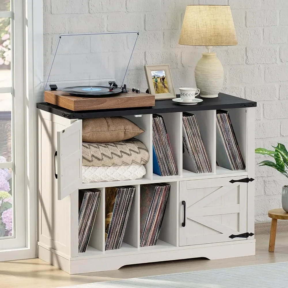 Record Player Stand with Vinyl Storage Up To 350 Albums, 39 Inch Storage Cabinet with Barn Doors