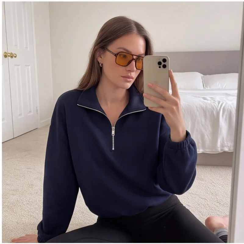 2026Women's Cropped Sweatshirt, Commuter Style, Three-Color Half-Zip, Long Sleeve, Loose Pullover, Casual Street Style