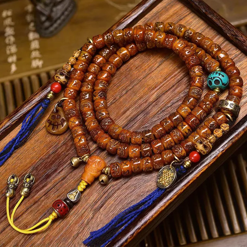 

Yak Bone 108 Pieces Buddha Rosary Carved a Dai Beads Multi-Wrap Bracelet Ornament