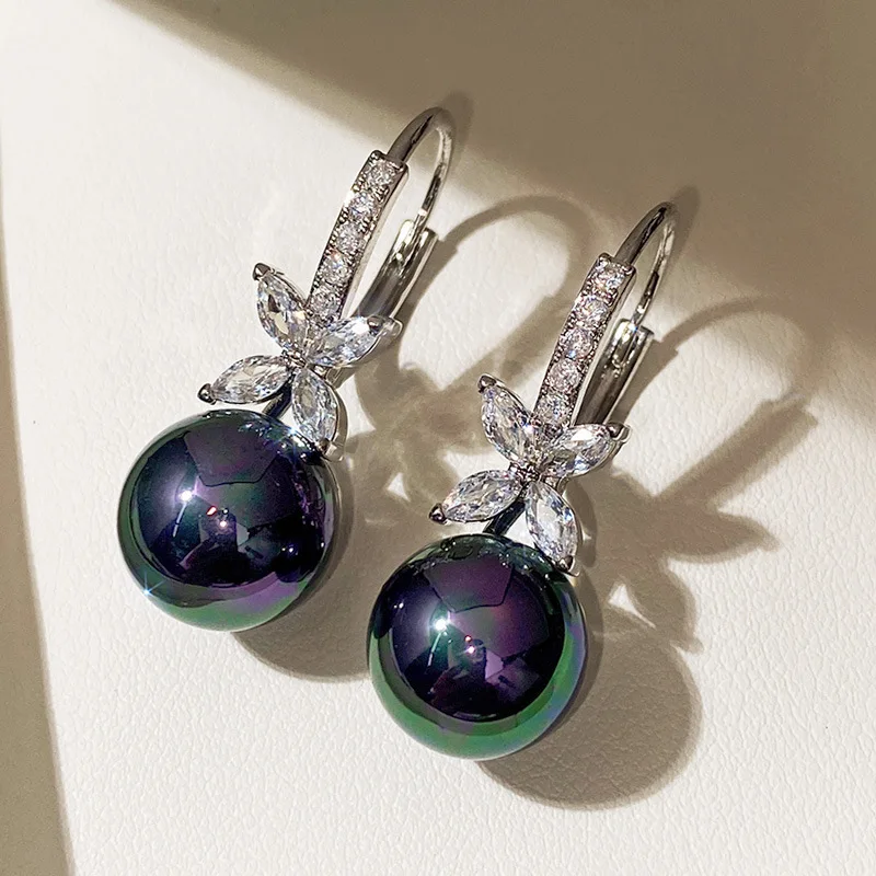 Luksusowe czarne/fioletowe kolczyki z perłami dla kobiet Solid 925 Sterling Silver Cube Cubic Zirconia Ear Hook Biżuteria ślubna dla nowożeńców