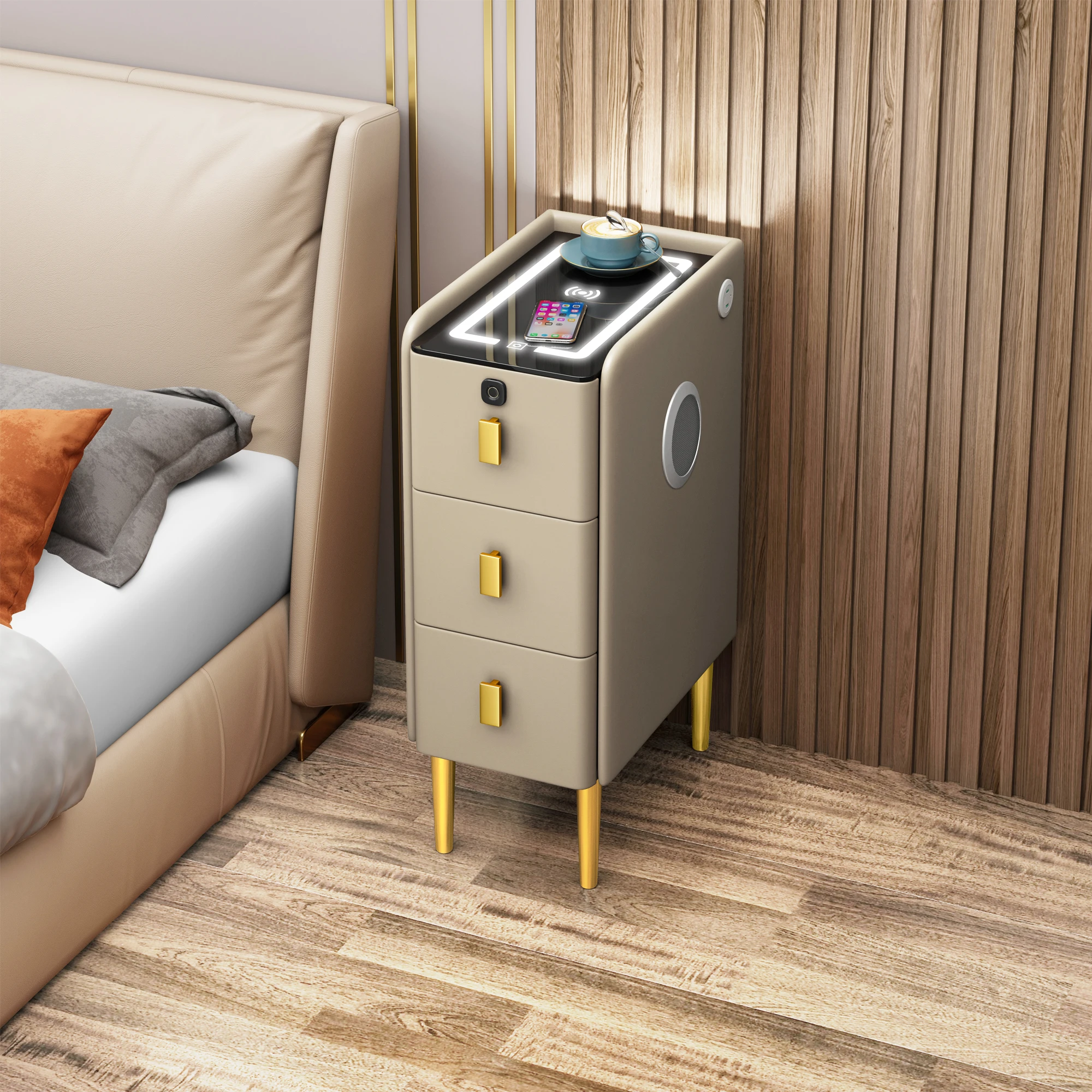 Modern Luxury Wood Smart 30cm Bedside Table With Led Light Fingerprint Wireless Charging Speakers Drawer Hotel Bedroom Furniture - view 3