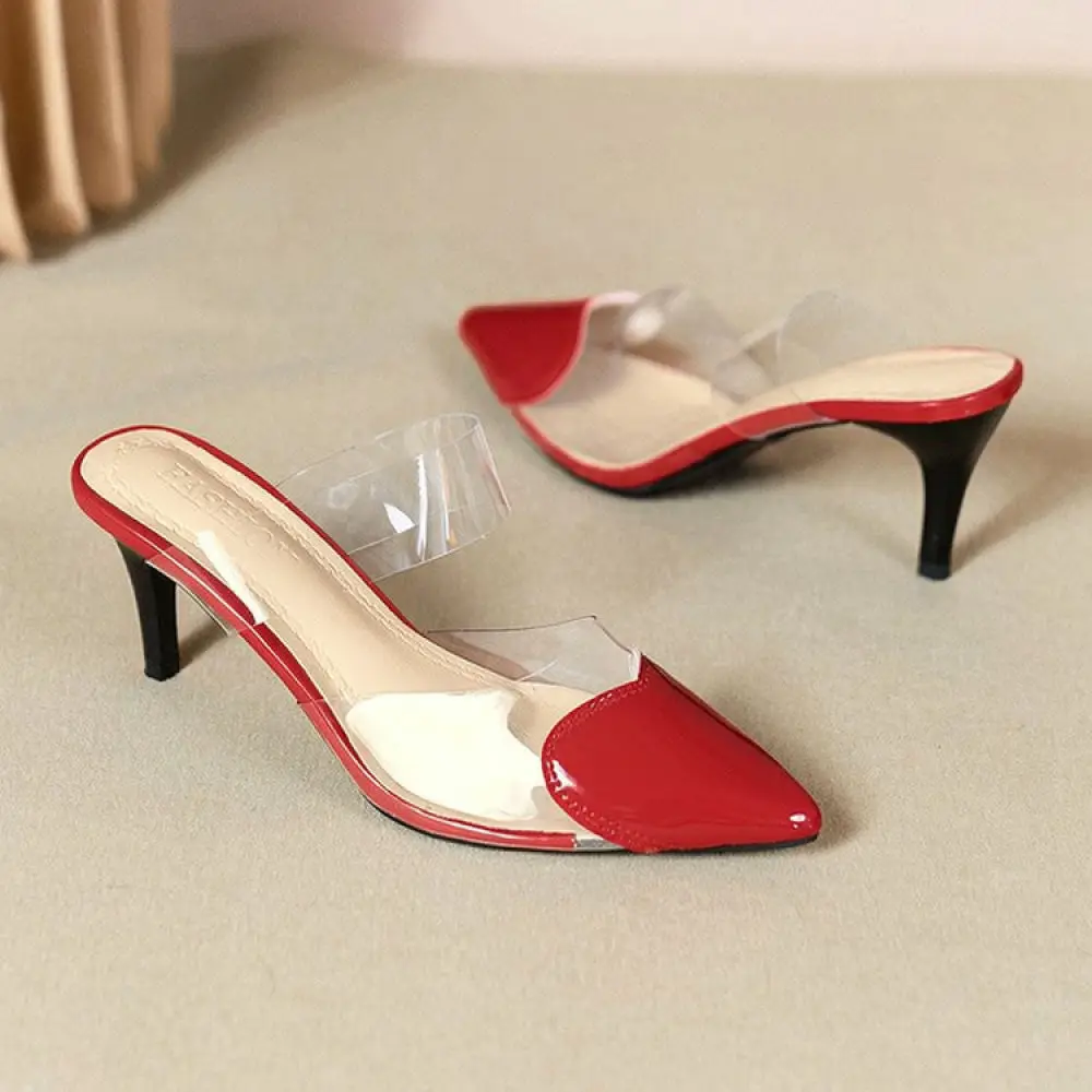 Fashionable High Heel Mules Patent Leather Pointed Toe Slides Heart Decor Women Elegant Spring Footwear