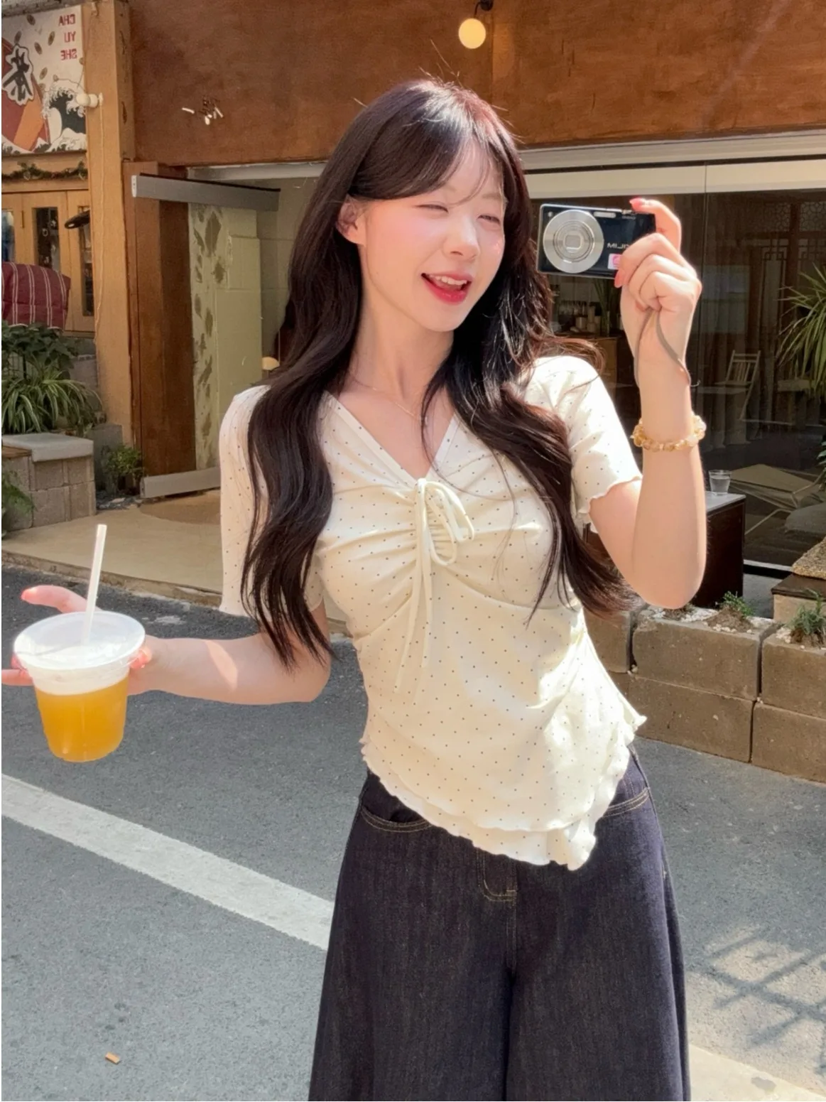 

plus Size Women's T-Shirt Summer New V-neck Slimming Design Sense Bow Belted Short Sleeve Uneven Polka Dot Korean Style