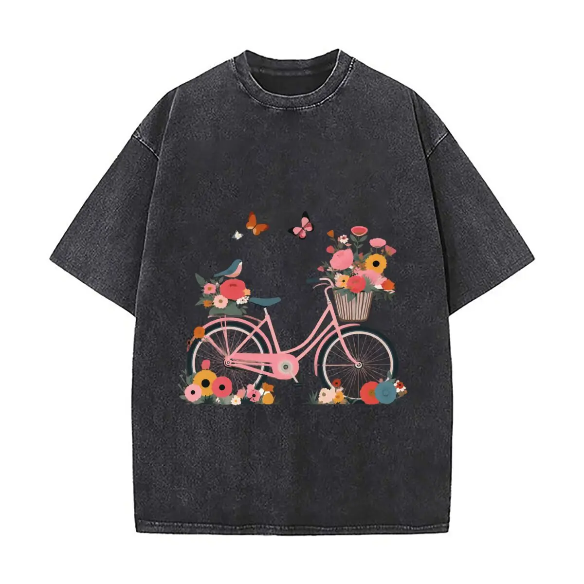 Pink Floral Bicycle Basket Butterflies Bird Spring Flowers Distressed Faded Baggy Streetwear Tops for Park Hangouts