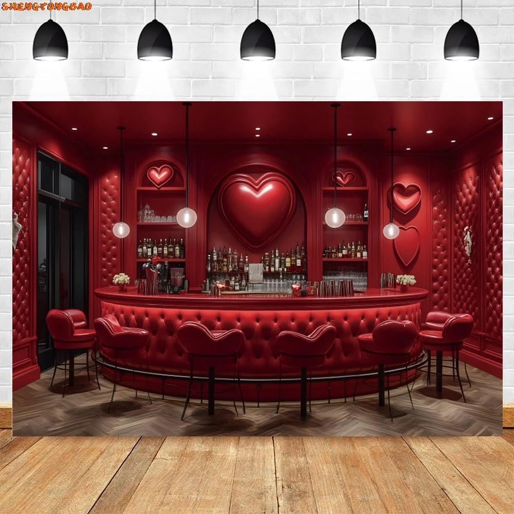 Valentine's Day Photography Backdrop Sweetheart Soda Shop Bar Wine Cabinet Counter Red Lover Heart Couple Photocall Background