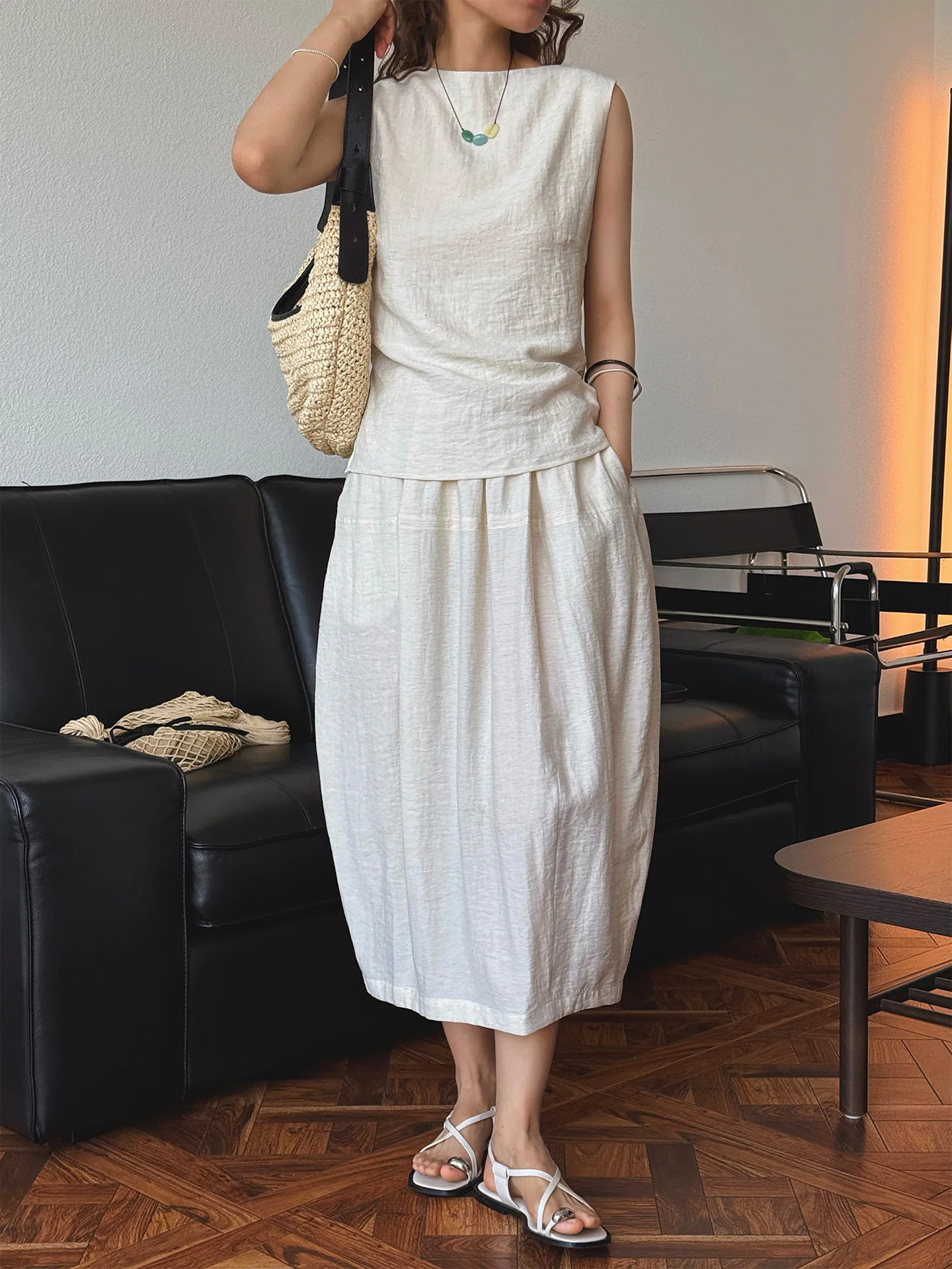 

Casual Commute OL Design Sensation Summer Loose Long Skirt Elastic Waist Taffeta Half-length Flower Bud Shape A-line Skirt