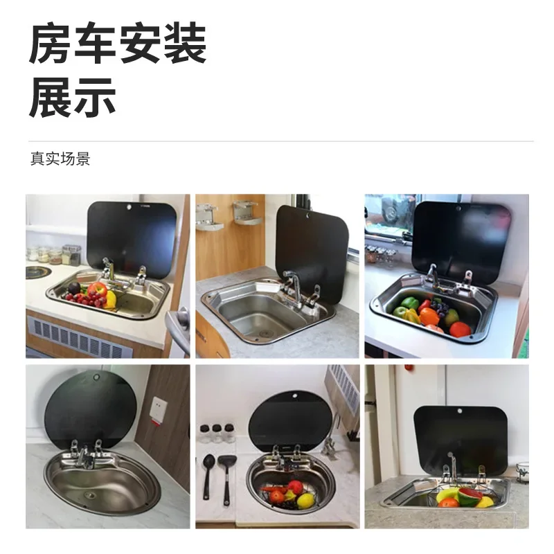 Lavello circolare per camper con coperchio, coperchio ribaltabile pieghevole da cucina, fessura singola, lavello circolare in acciaio inossidabile 304