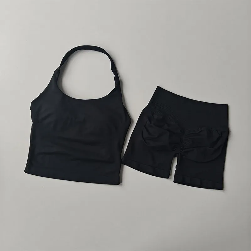 Nahtloses Neckholder-Yoga-Set für Damen, zweiteilig, Push-up-Sport-BH mit hochtaillierten, bauchkontrollierenden und figurformenden Fitness-Shorts – Detail 14