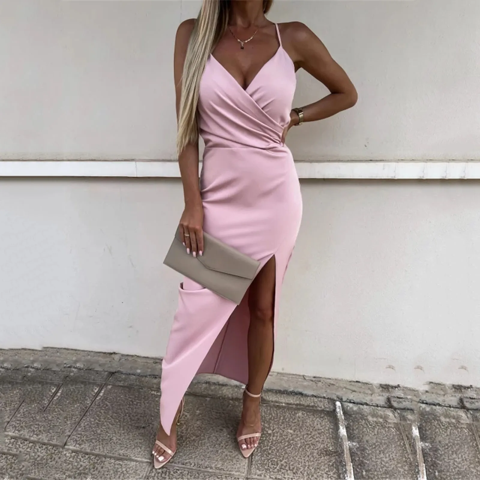 

Ladies Sensual Party Vestido Women Ruched V Neck Sleeveless Sexy Backless Slit Spaghetti Strap Wrap Cami Dress Clubwear Dress