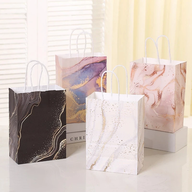 5 Stück Marmor Design Kraftpapier Geschenktüte mit Griff Geburtstagsfeier Verpackungsbeutel Hochzeitsgeschenke für Gäste Eid Ramadan Supplies