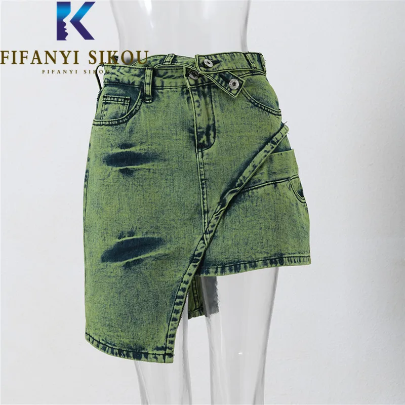 

Washed Jeans Skirt Women Asymmetrical Fashion Spliced Green Denim Skirt Streetwear Summer Loose High Waist Short Skirts Female