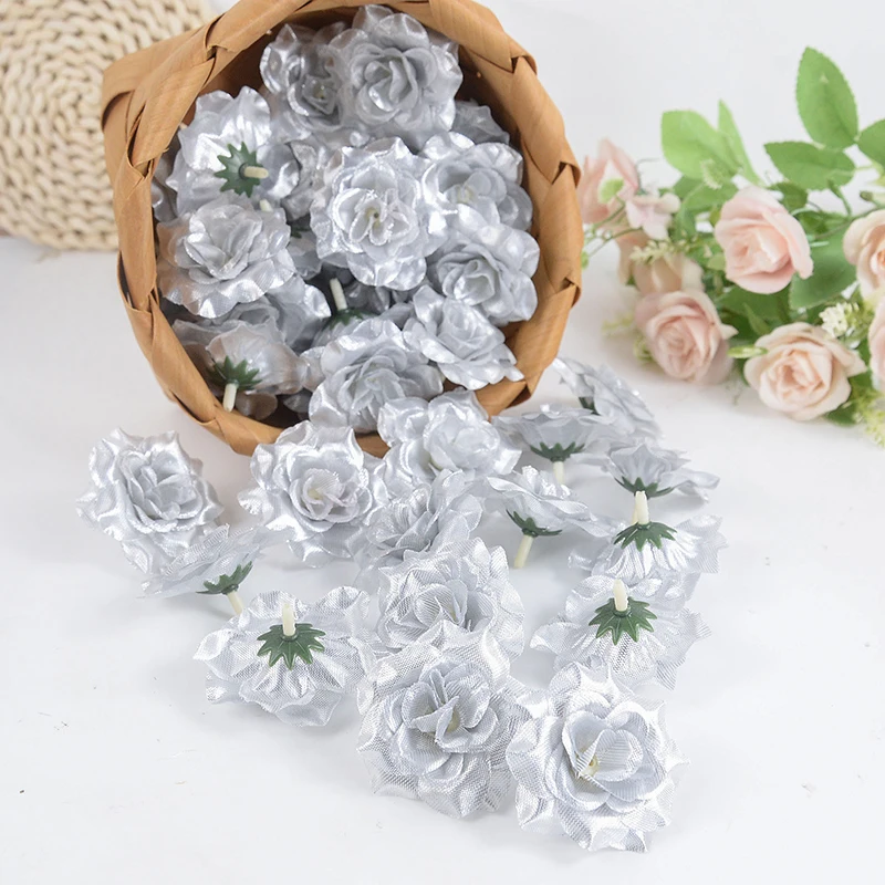 20pcs Golden Silver Artificial Silk Rose Flower Heads DIY Foam Gloomy Bear Accessories Scrapbook Fake Flower Wedding Party Decor