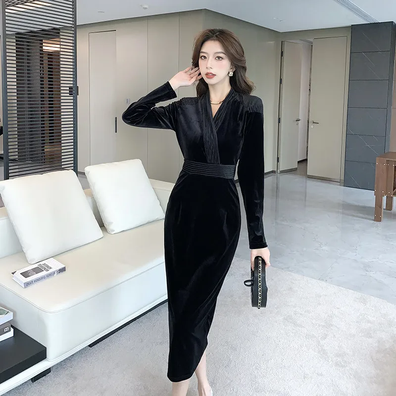 Vintage schwarz Herbst Winter Samt Büro Damen Midi Kleid elegante Frauen V-Ausschnitt Langarm schlanke Velours Bodycon Split Vestidos