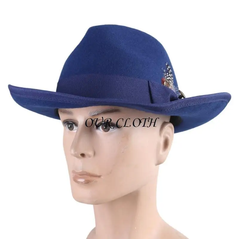 

Шерстяная кепка для джаза с плоским цилиндром Кепка в стиле хиппи с перьями Шляпа Fedora Головные уборы для шоу на сцене Y1AC