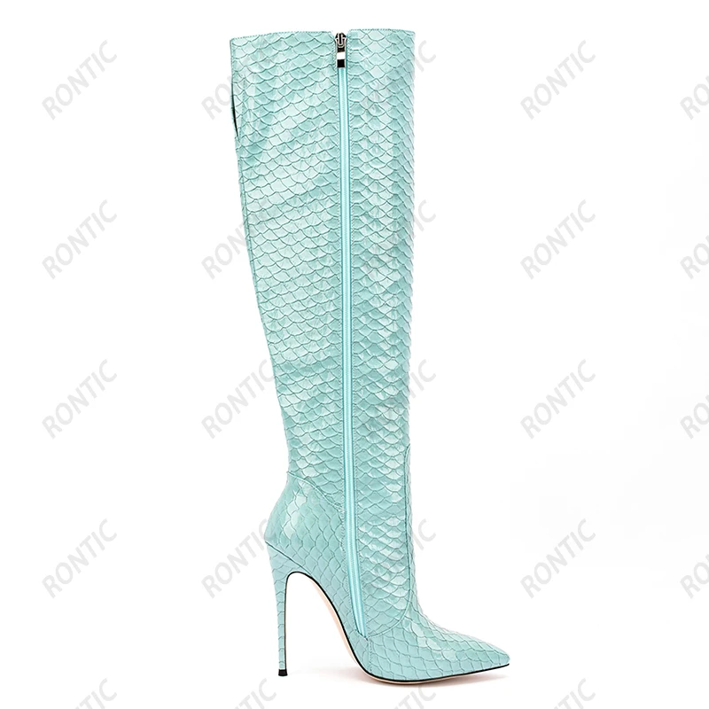 Rontic Women Winter Knee High Boots Fish Scale Side Zipper Stiletto Heels Pointed Toe Light Blue Night Club Shoes Size 35-47