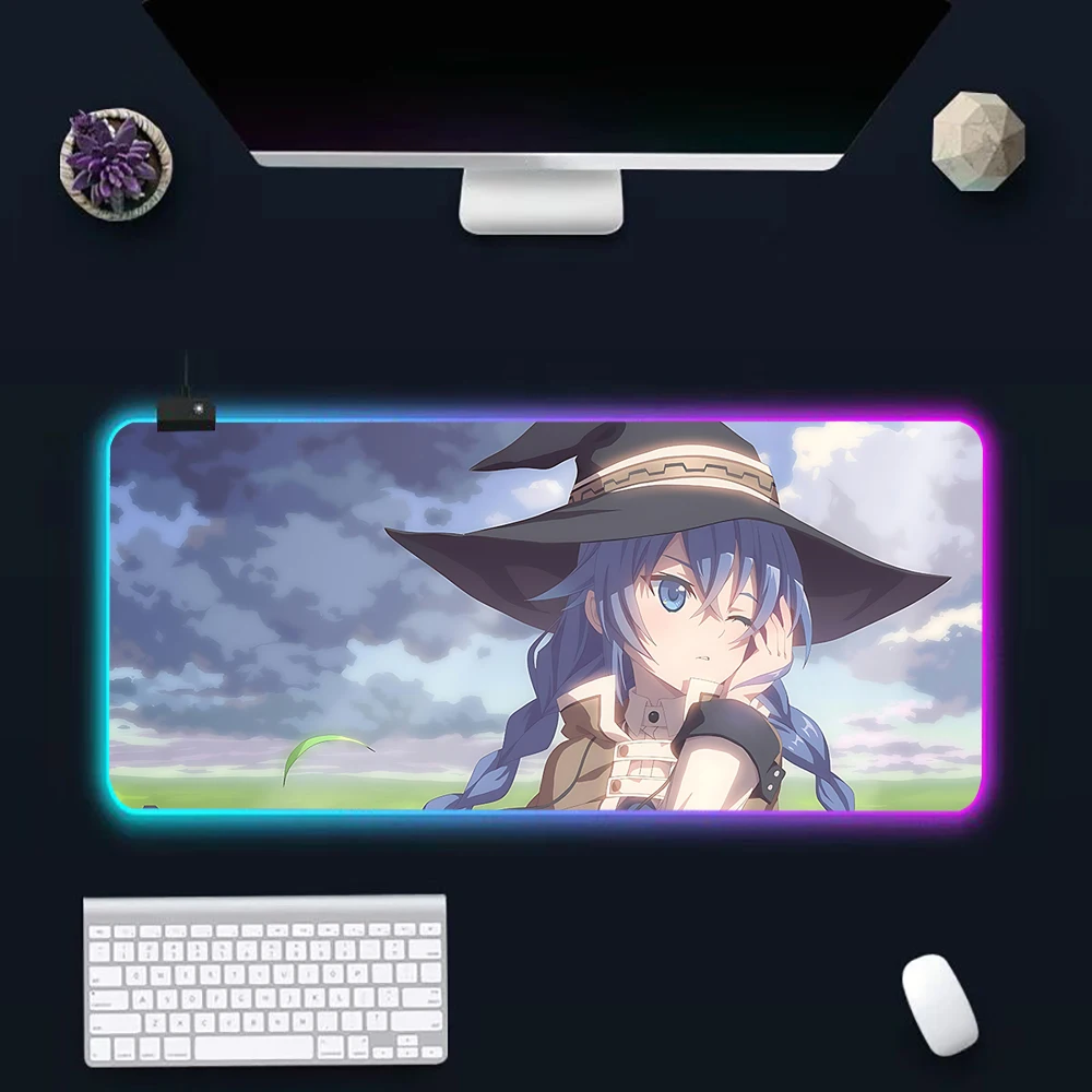 Hot anime Mushoku beautiful girl RGB Pc Gamer Keyboard Mouse Pad Mousepad LED Glowing Mouse Mats Rubber Gaming Computer Mausepad 4