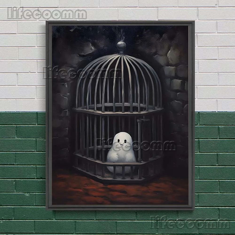 Imprisoned Sheeted Ghost Abstract Wall Art Canvas Painting Ghost In Jail,Cute Spooky Gothic Art Poster Print Home Decor Unframed