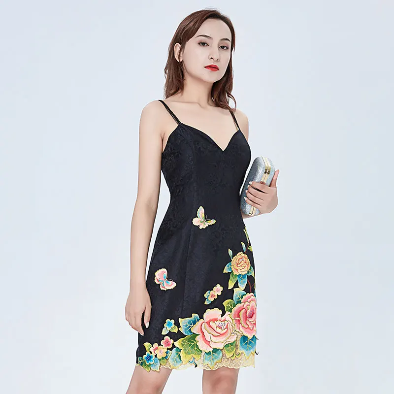 

Шелковое вечернее платье-бальное платье с вышивкой и бретелями для женщин, элитное, модное, в стиле ретро