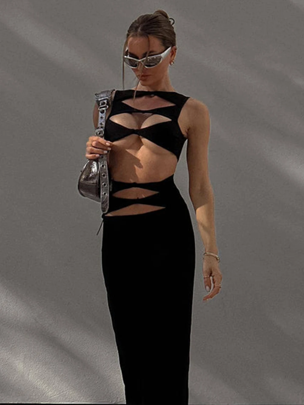 Modphy Sexy Black Bandage Top Vest Hollow Waist Elastic Bandage Long Skirt Two-Piece Dress Sexy Nightclub Set Suit