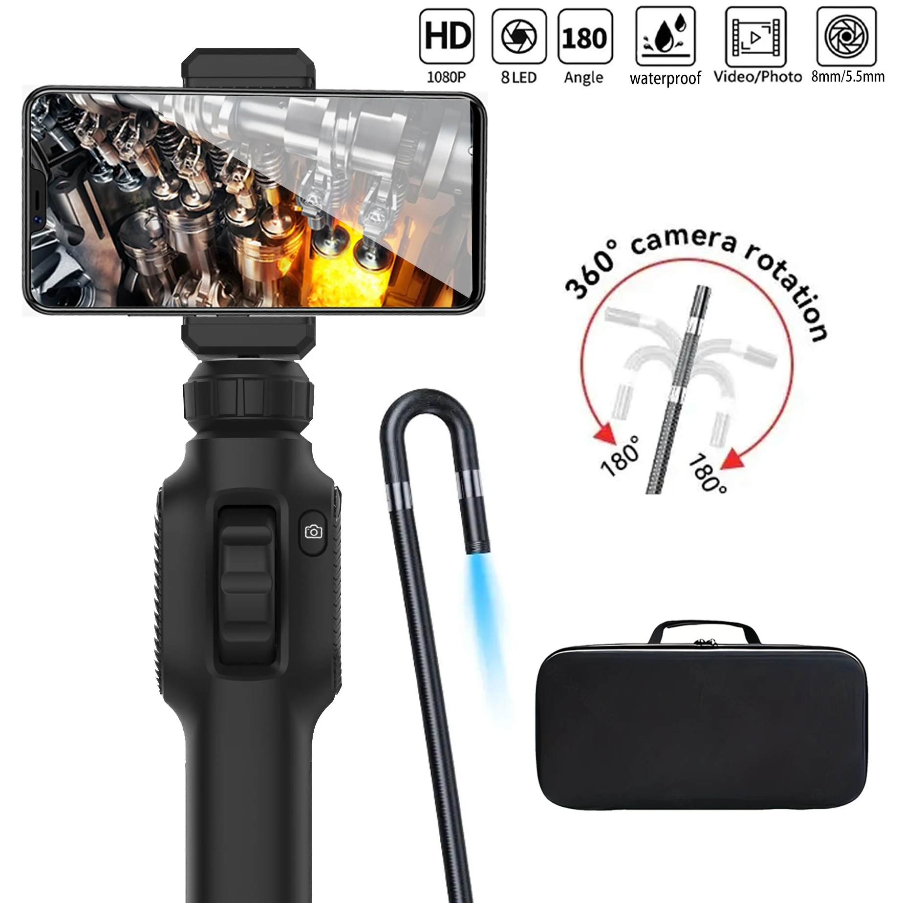 360° Articulated Endoscope, 5.5mm Joystick Articulated Endoscope Camera with Steerable Probe, Compatible with iPhone and Android