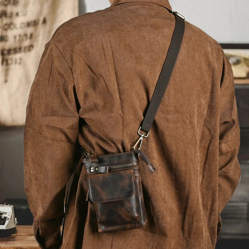 Genuine Leather Waist Bag Vintage Men Multi Function Portable Outdoor Casual Split Hook Wear Belt Crossbody High Quality Pouch