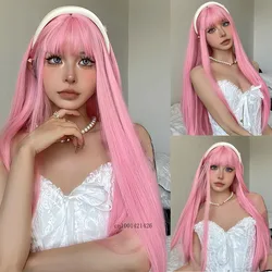 Luz rosa longa reta perucas sintéticas com franja cosplay halloween lolita peruca colorida para mulher fibra natural resistente ao calor