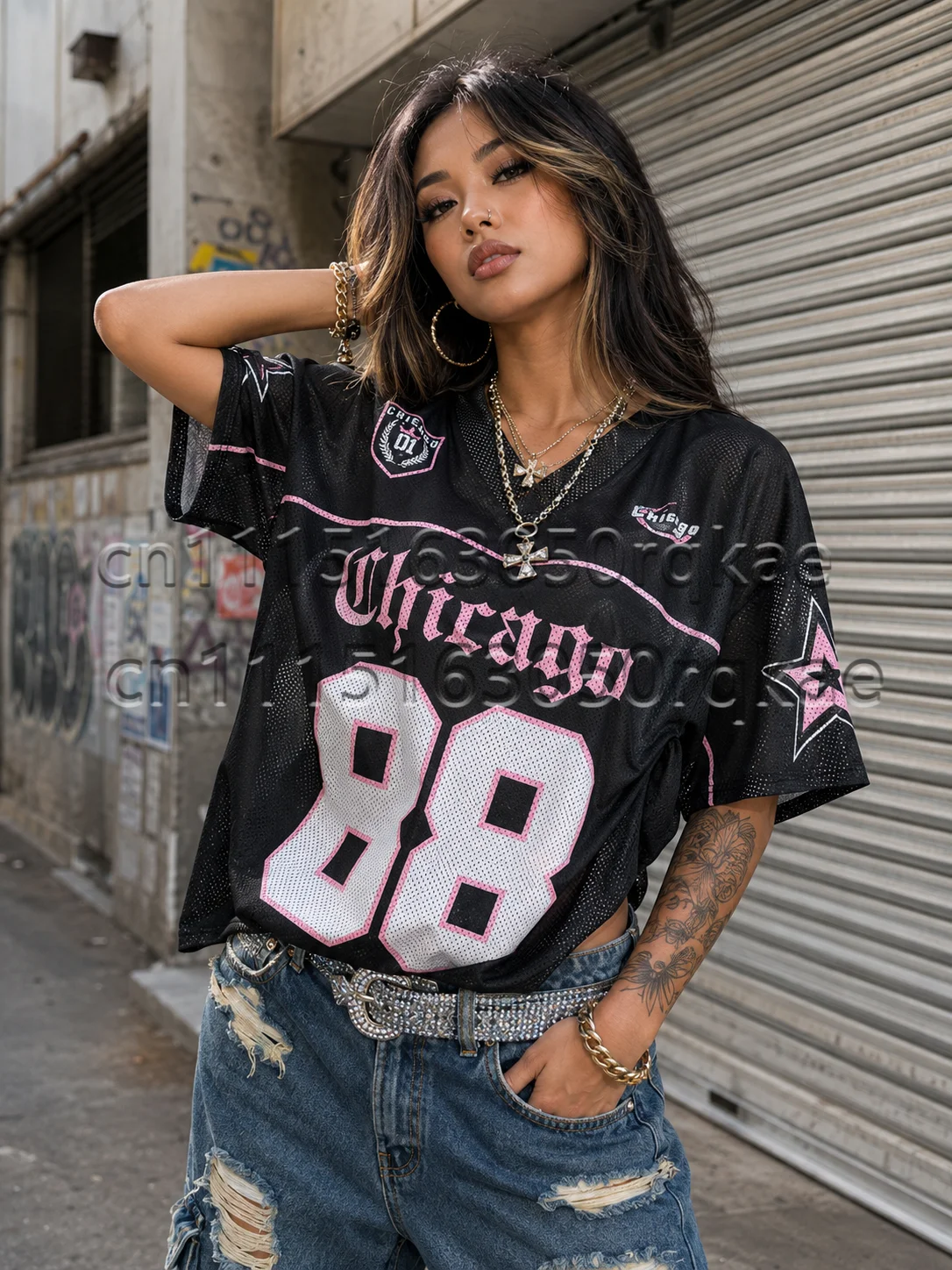 Summer New Chicago No.88 Printed T-shirt For Women V-Neck Patchwork Short Sleeve Sports Football Jersey Y2K Loose Tops