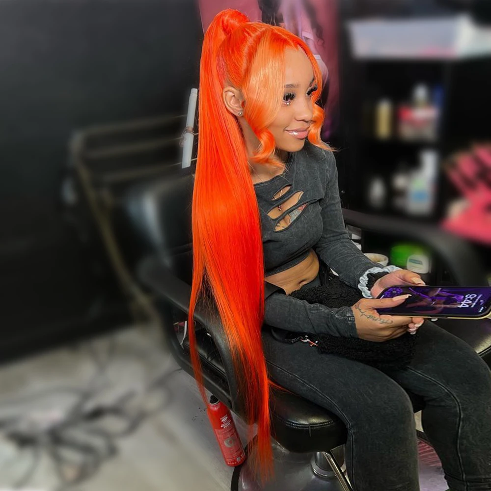 34 بوصة البرتقال الزنجبيل الدانتيل الجبهة الباروكات شعر الإنسان للنساء مستقيم 13x6 الدانتيل الباروكة الأمامية شقراء الملونة قبل قطعها الشعر البورمية