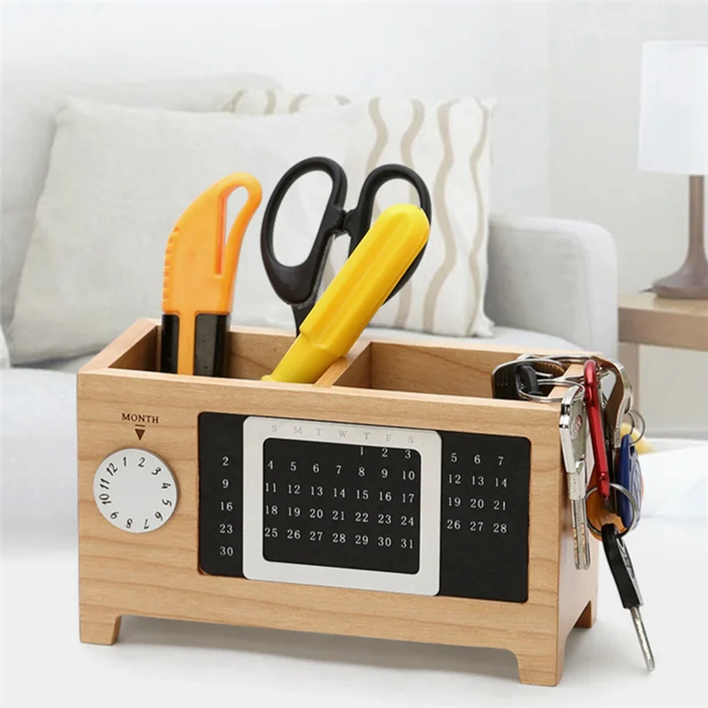 AA84 ปฏิทินผู้ถือปากกามัลติฟังก์ชั่เดสก์ท็อปกล่องเก็บสํานักงานเครื่องประดับเดสก์ท็อปไม้เมเปิลกล่องเก็บสีไม้