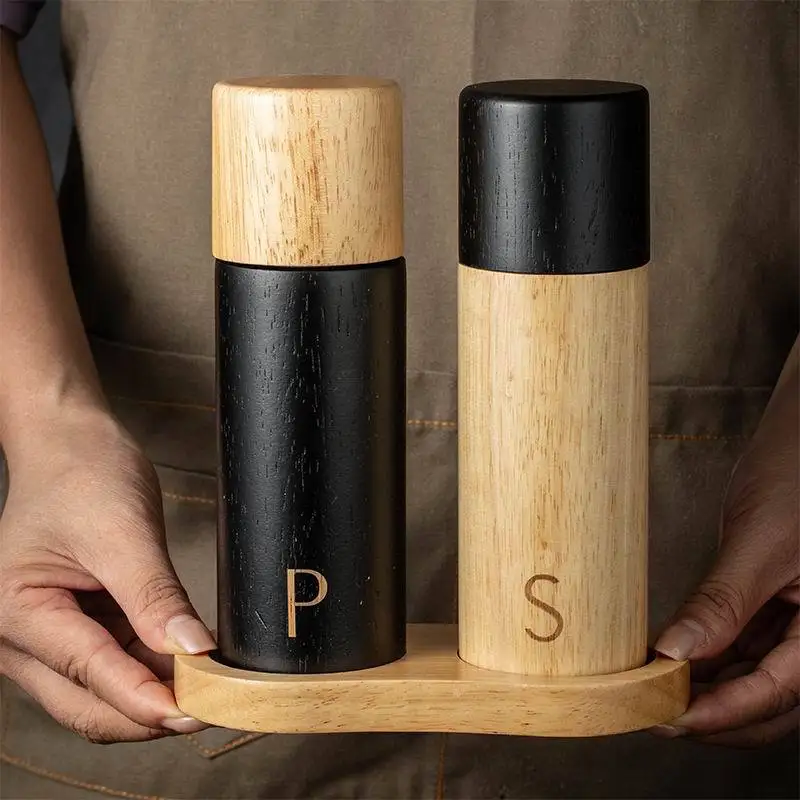 7-inch Wooden Retro Salt Pepper Grinder Manual Black Lid S P Label Oak Pepper Grinder Kitchen Seasoning Bottles Spice Shakers