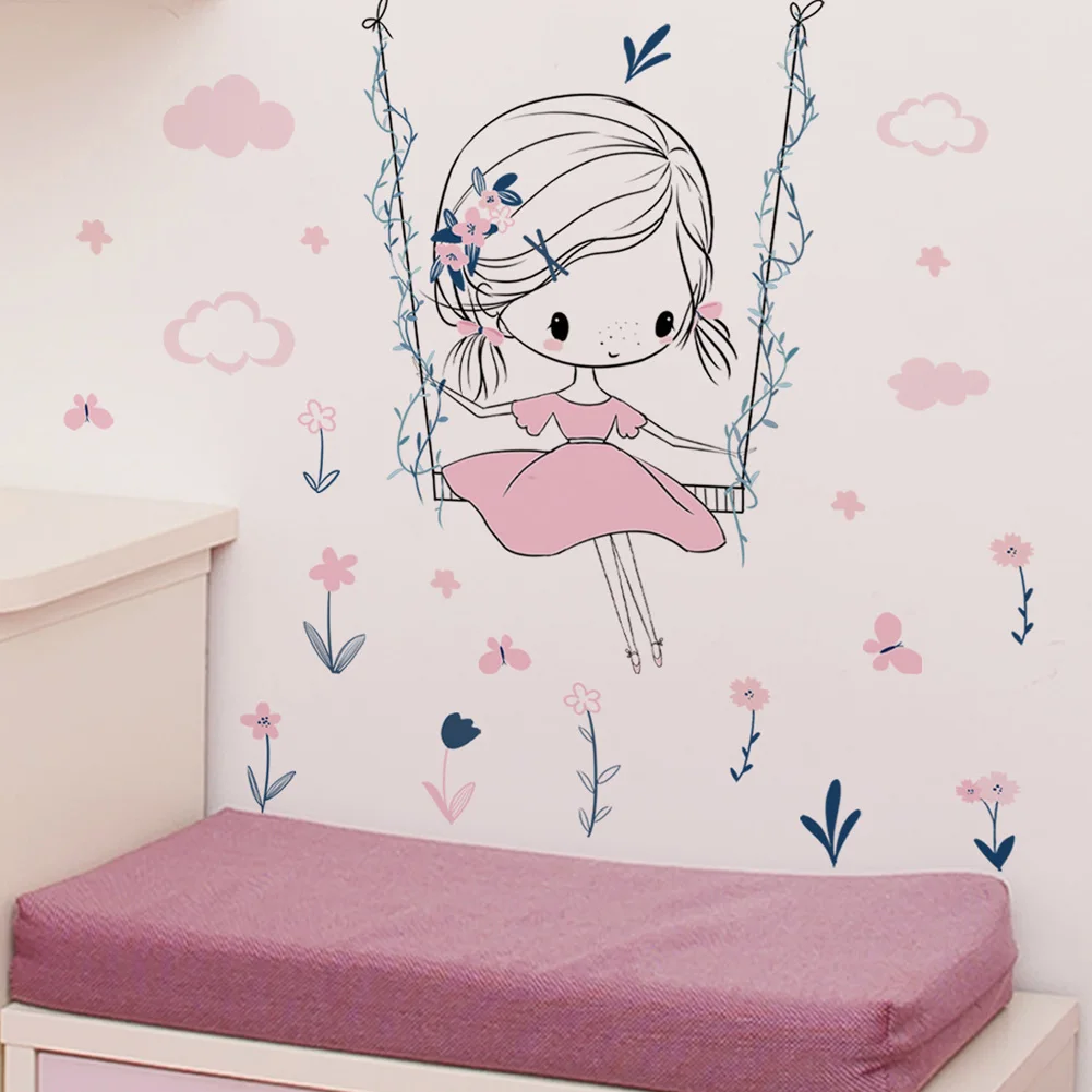 Cartoon Girl Swinging Wall Stickers Kids Girls Room Background Decor Bedroom Home Decoration Wallpaper Self-adhesive Mural