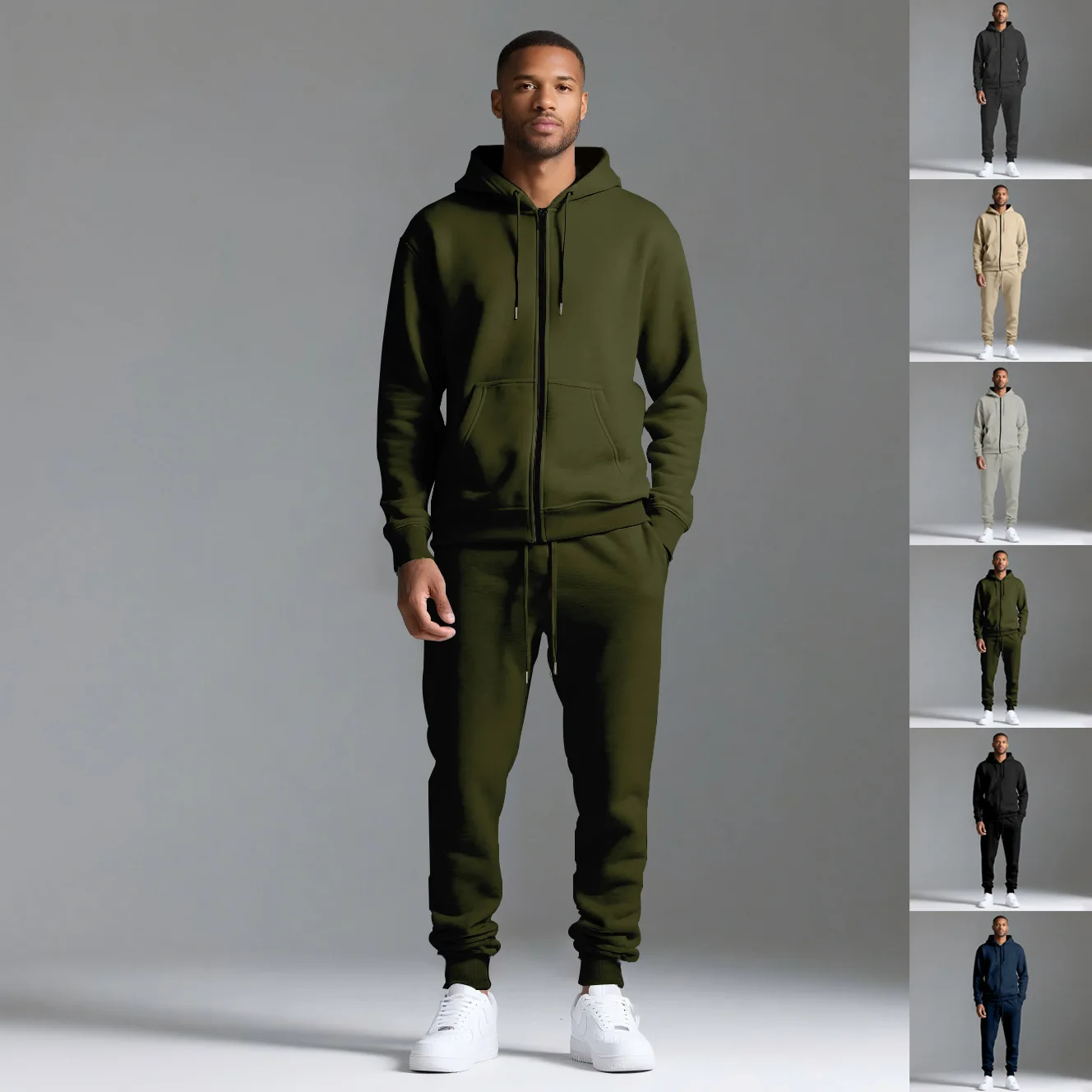 

Mens Solid Color Long Sleeve Long Pant Hooded Fleece Tracksuit for Autumn Winter Comfortable Warm