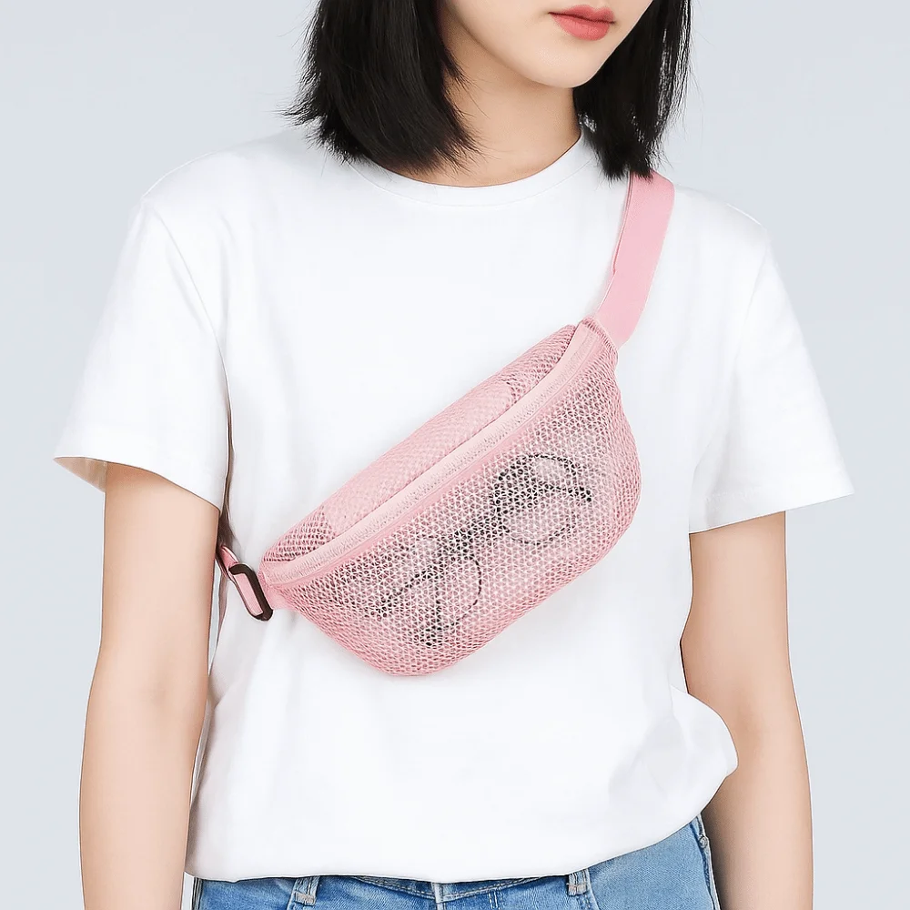 

Plain Hollow Out Mesh Waist Bag See Through Zipper Travel Fanny Packs Wide Shoulder Strap Lightweight Portable Mesh Purse Travel
