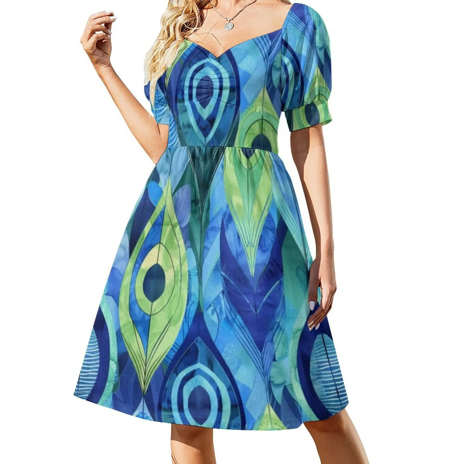 نمط سلس: ريش الطاووس بألوان مائية على الطراز الكوري للنساء فستان كاجوال أنيق للحفلات أو الارتداء اليومي