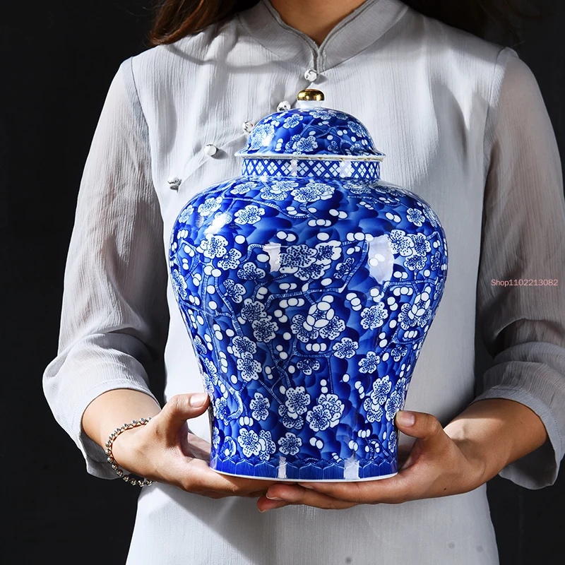 Blue and White Porcelain Tea Caddy Large Candy Dried Fruit Sealed Storage Jar Plum Blossom General Jar Home Decoration