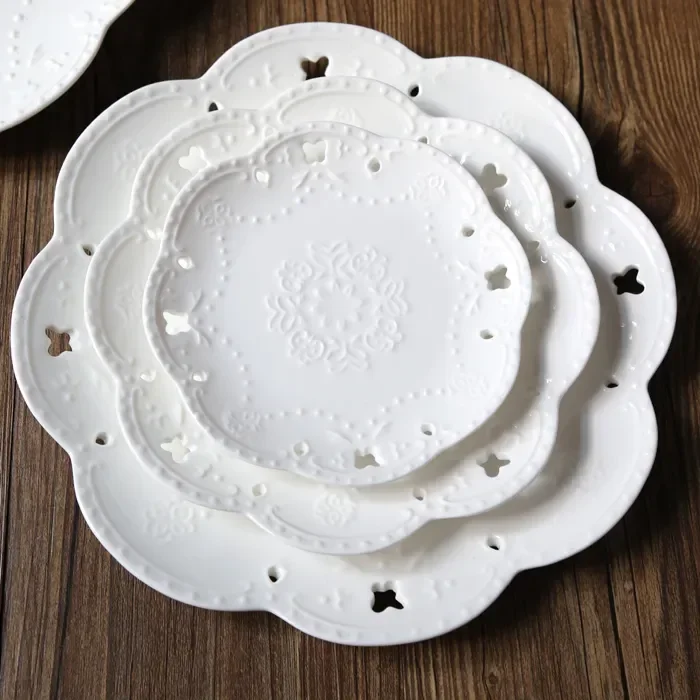 

6-8"Butterfly Flower Hollow Ceramic Plate European Relief Lace Salad Plate Cake Plate Pizza Plate