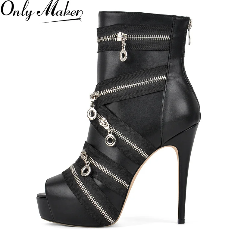 

Onlymaker Platform Peep Toe Gothic Ankle Boots Chunky High Heel Back Zipper Big Size Punk Stiletto Boots