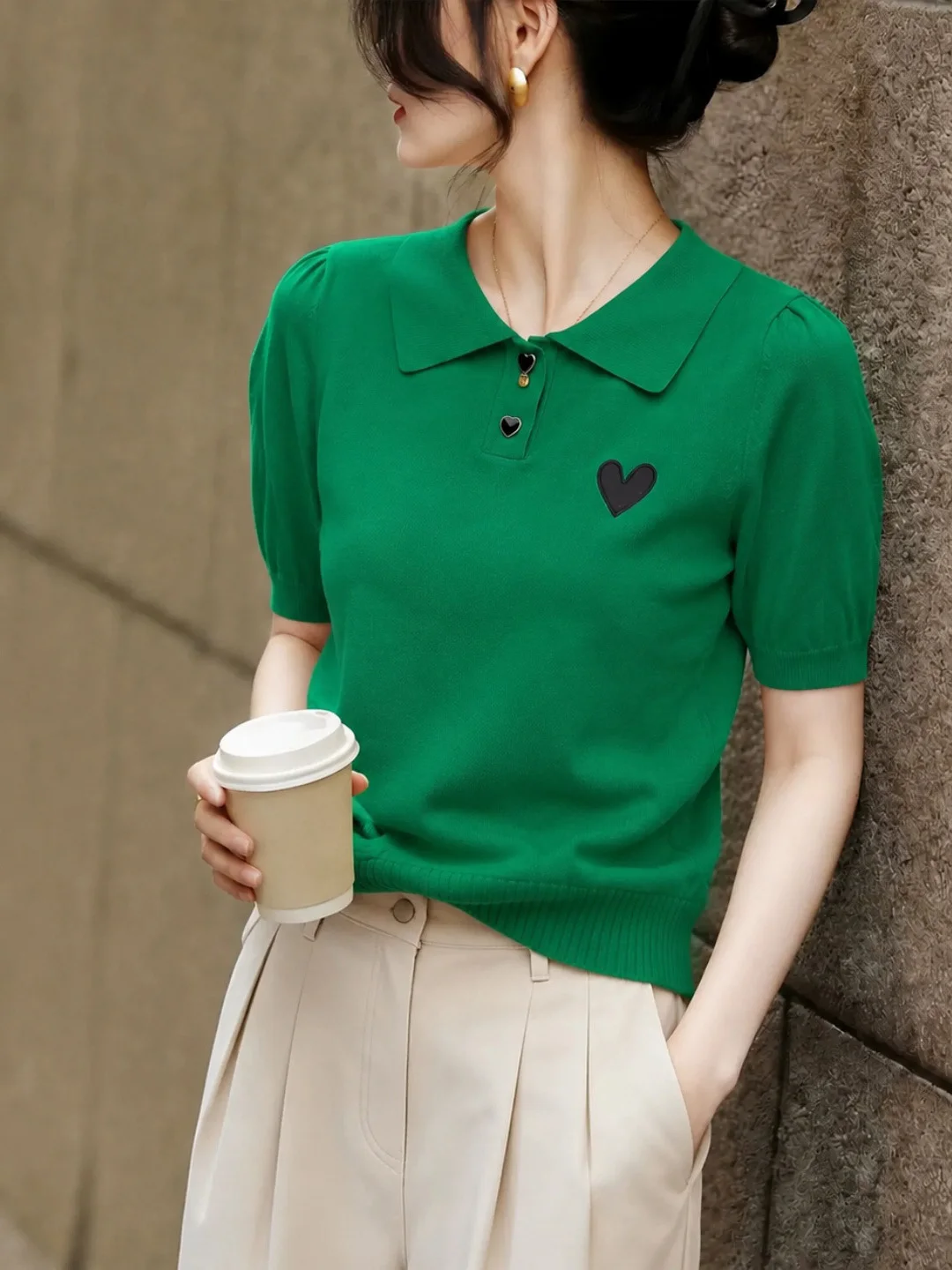 

Elegant Short Sleeve Neck Knitwear Silk Ice Embroidery Design Summer Fashion Top for Women Commute Style Korean Version