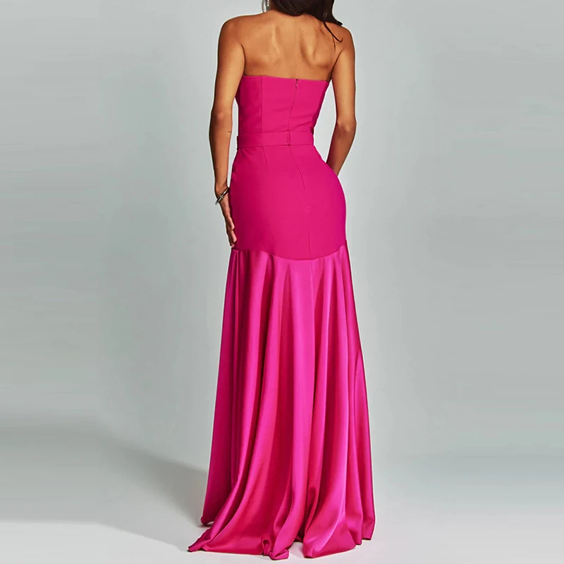 Nowa patchworkowa satynowa sukienka bez ramiączek z długimi rękawami Elegancka sukienka wieczorowa bez rękawów z odkrytymi ramionami Modna sukienka bankietowa Lady