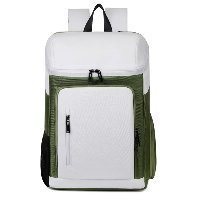 White and green outdoor cooler backpack insulated design mesh side pockets water resistant fabric suitable for picnic camping