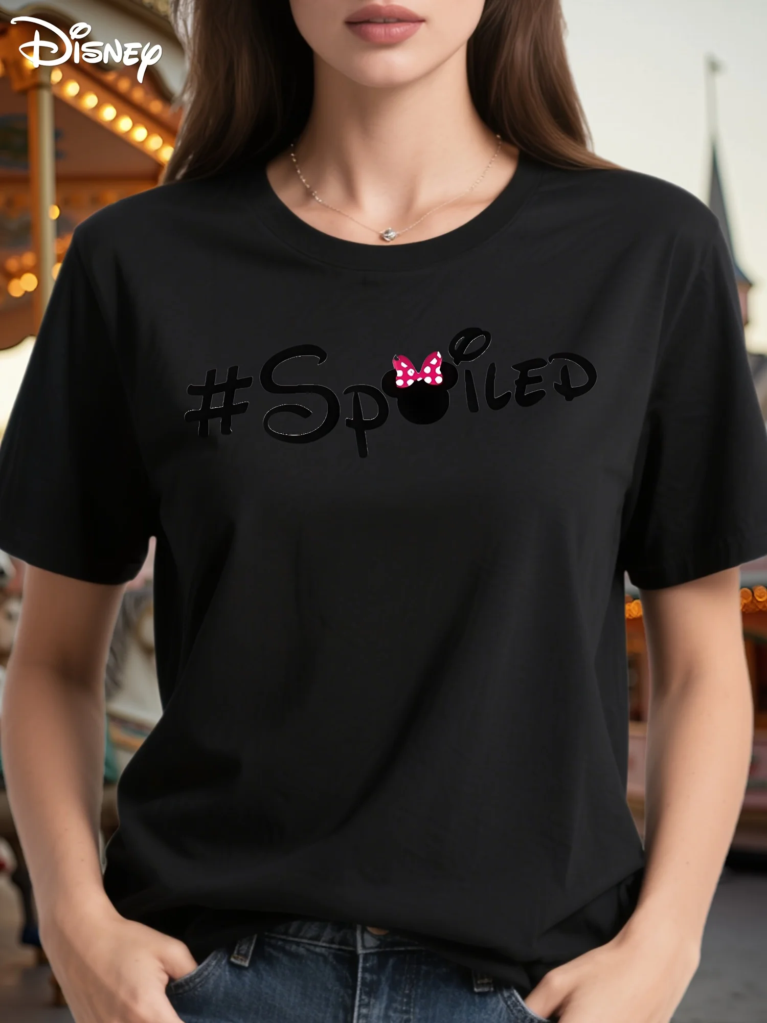 

Disney Minnie Mouse Pattern T-shirt - Comfortable Short Sleeve Round Neck Casual with # Spoiled and Minnie Bow Design