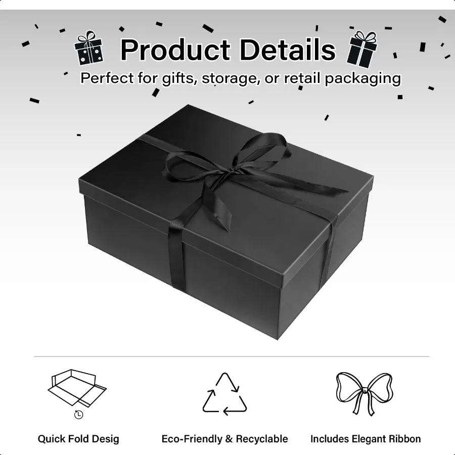 Confezione regalo nera con coperchio per regalo Confezione regalo pieghevole extra large con nastro di carta di riempimento per anniversario di compleanno 16,5x12