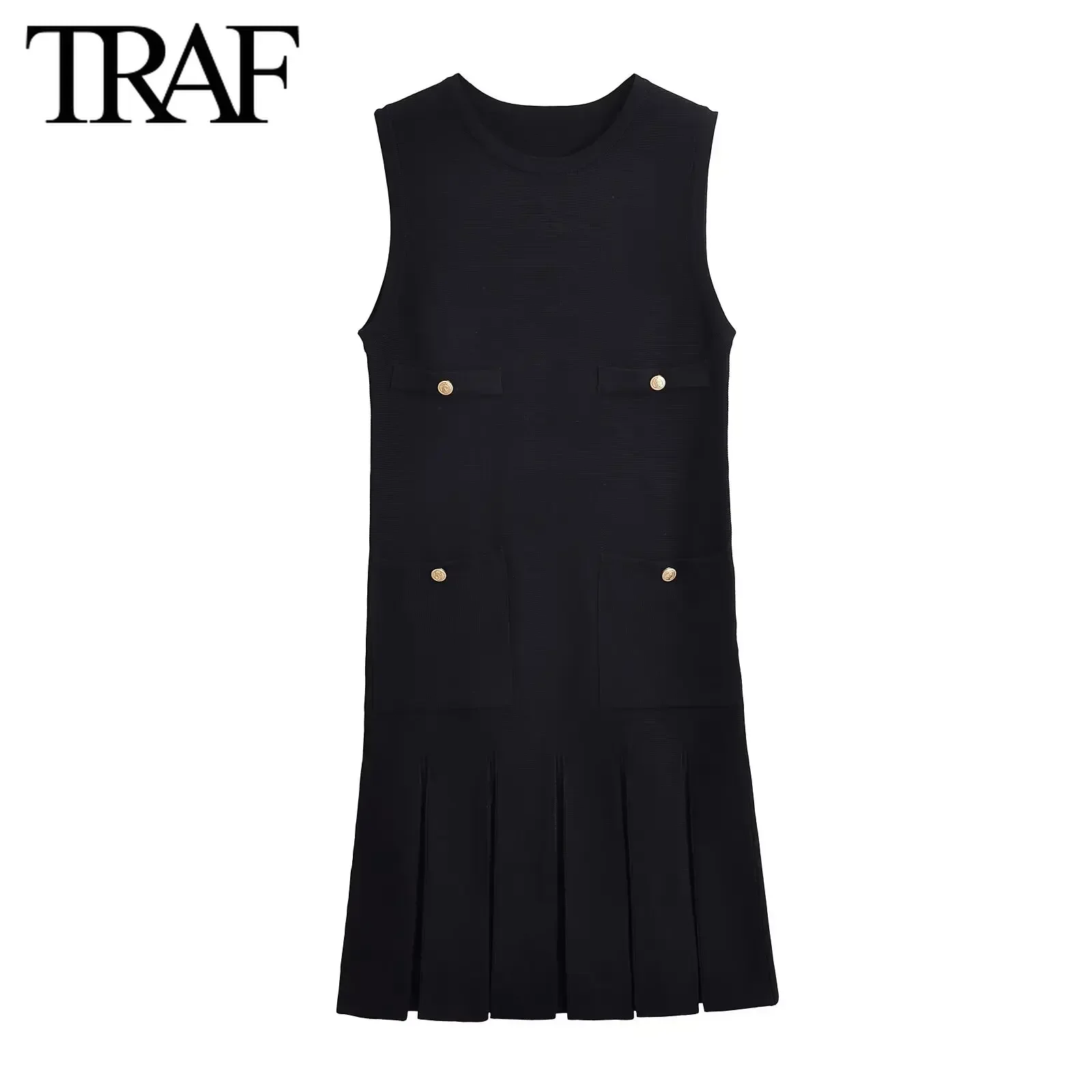 TRAF Women Fashion Summer New Yellow Buckle Pocket Wide Pleated Knitting Crewneck Vest Mini Dress Chic Female Elegant Evening