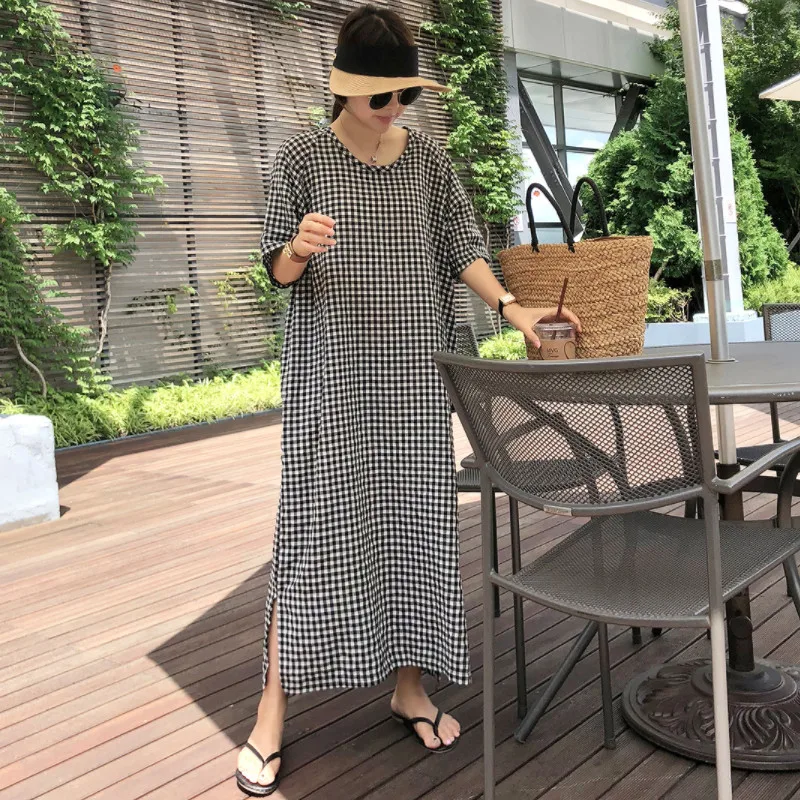 

IHOBBY Side Split Cotton Linen Plaid Dress For Women Summer Casual Loose Long Korean Fashion Vestidos