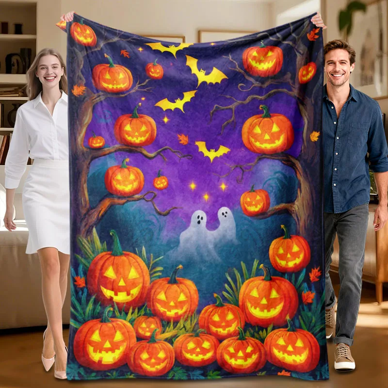 1 piece Halloween-themed purple flannel blanket, soft, suitable for sofa, bed, office, all-season use.